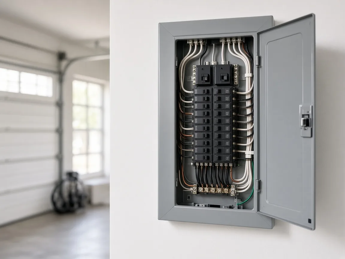 Residential electrical breaker panel in a home garage